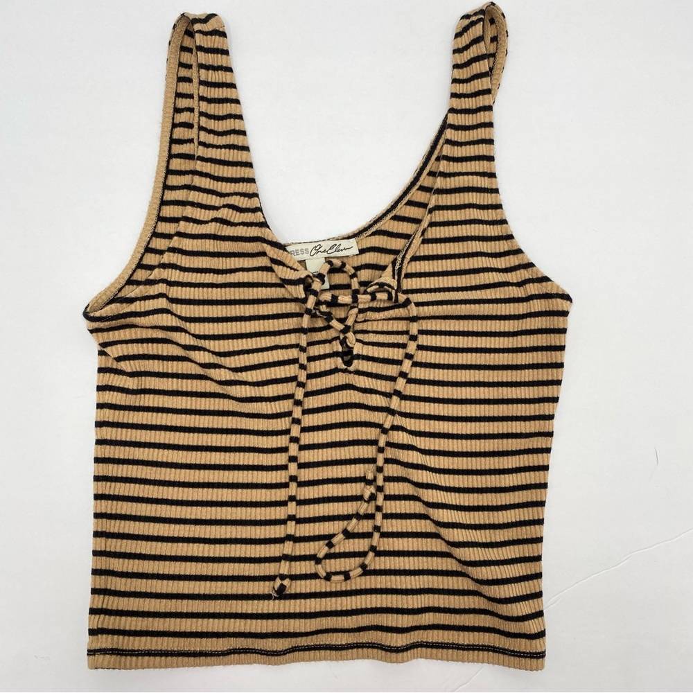 Express Striped Sleeveless Cropped Top Tank Tan Black Lace Up Small